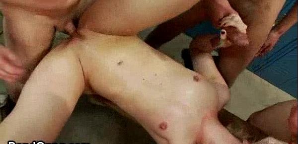  Tied up blonde gangbang fucked and sprayed with jizz in locker room